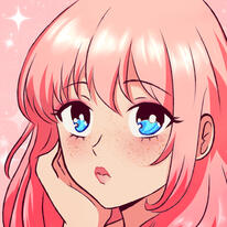 profile picture of an anime girl with pink hair, blue eyes, and freckles